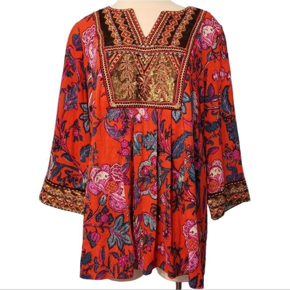 Soft Sorroundings Sequins Embroidered Floral Print Tunic Top 3/4 Sleeve Size 1x - Picture 3 of 13